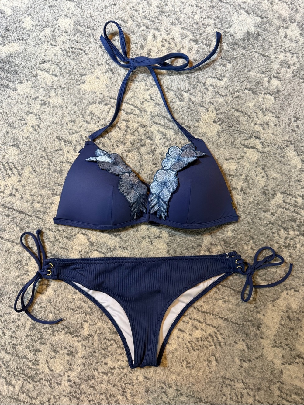 Victoria's Secret PINK Navy Blue Floral Appliqué Halter Bikini